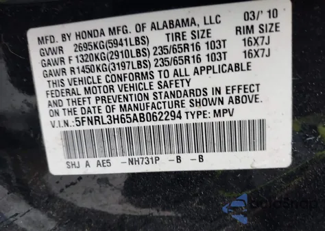 2010 Honda Odyssey Ex-L z USA, uszkodzony, nr VIN 5FNRL3H65AB062294